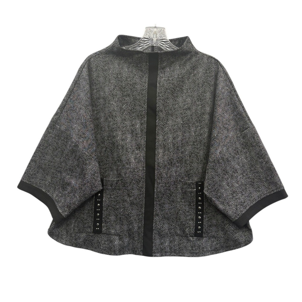 Joseph Ribkoff Herringbone Cape Top Funnel Neck Gray Black Studded Dolman Sleeve